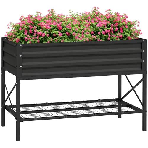 Outsunny Raised Garden Bed with Galvanized Steel Frame, Storage Shelf and Bed Liner, Elevated Planter Box with Legs for Vegetables, Flowers, Herbs, Black