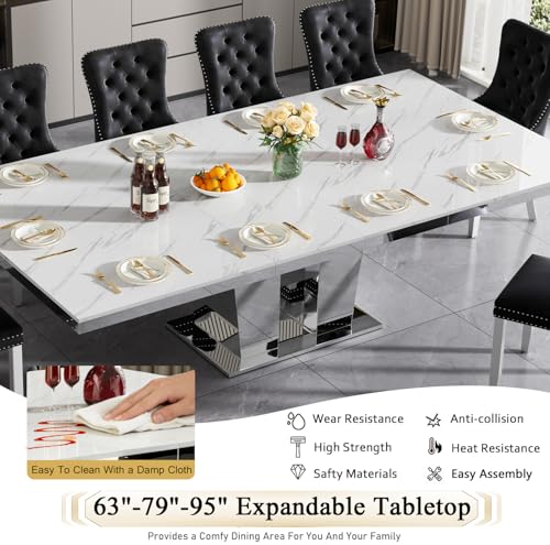 Image of 63-94.5 inch Large Extendable Dining Table for 6 8 10 Modern Faux Marble Kitchen Table Large Rectangular Expandable Conference Dinner Table with White Marble Top & Mirrored Double Columns Base