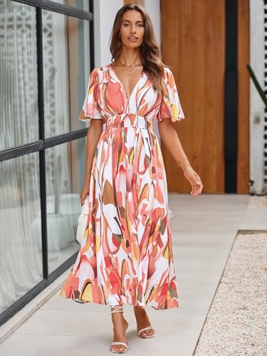Image of Flessibili Womens Short Sleeve Floral Maxi Dresses 2026 Spring Wedding Guest Party Summer Dress Pink Watercolor X-Large