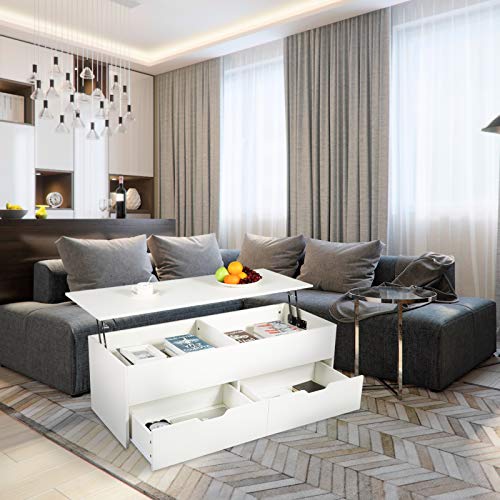 Petiture Coffee Table Lift Top Wood Home Living Room Modern Lift Top Storage Coffee Table w/Hidden Compartment & 2 Drawers Shelves Lift Up Coffee Dining Table, Lift Tabletop Furniture (White)