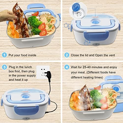 AUTOPkio Electric Heating Lunch Box, 3 in 1 12V 24V 220V 40W Thermal Food Heater Warmer with 1.5L Detachable Stainless Steel Container for Car, Truck, Office (Blue)