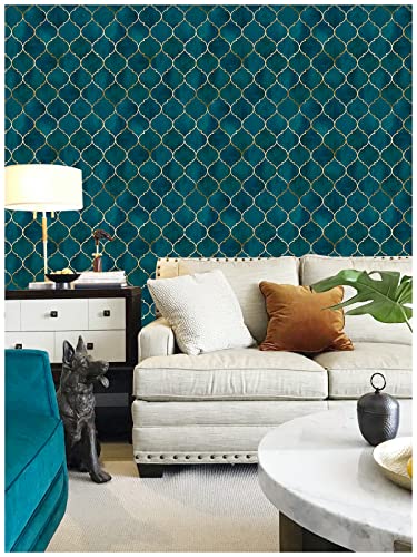 HAOKHOME Peel and Stick Wallpaper Geometric Graphic Trellis Emerald/Sapphire Blue/Bronze Removable Contact Paper for Home Bathroom Decorations 17.7in x 9.8ft HAOKHOME Peel and Stick Wallpaper Geometric Graphic Trellis Emerald/Sapphire Blue/Bronze Removable Contact Paper for Home Bathroom Decorations 17.7in x 9.8ft