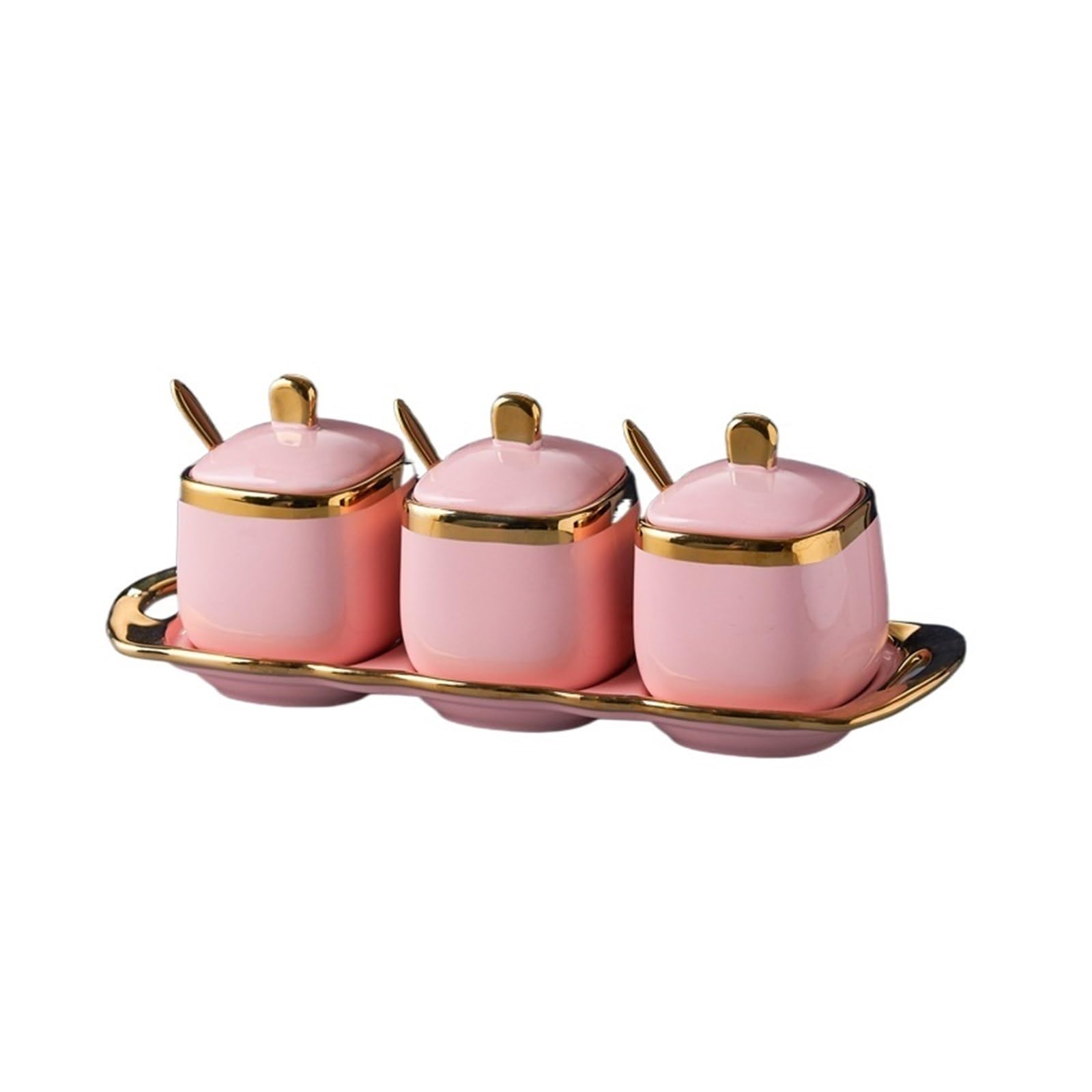 3-teilige Keramik Gewurzboxen mit Loffeln und Tablett | Gewurzdosen aus Keramik fur feste Gewurze wie Salz, Zucker und Pfeffer(Pink suit)