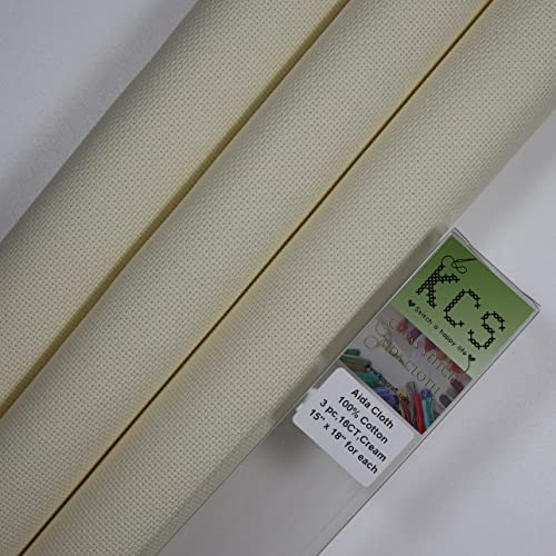 Image of KCS 3 pc of 15 inch x 18 inch Counted Cross Stitch Cotton Aida Cloth Needlework Rolled Fabric Box,16CT,Cream