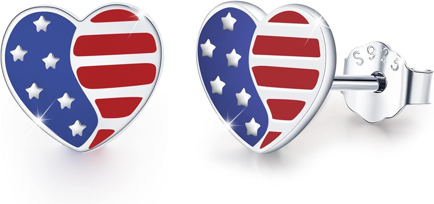 CUOKA MIRACLE 925 Sterling Silver Heart-Shaped American Flag Earrings - Patriotic Earrings for Men & Women - Independence Day Jewelry