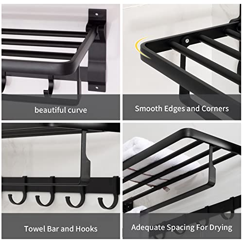 رف فوطة حمام ألومنيوم مع رف تعليق يثبت على الحائط، حامل فوط ومناشف مزدوج قابل للطي مع خطافات لا يحتاج إلى تثقيب من لوكسامج، أسود، 61 سم