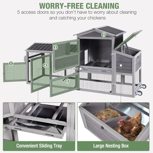 Image of Mobile Chicken Coop with Wheels for 4-6 Chickens, Large Wooden Hen House Expandable Duck Cage with Run, 2 Nesting Boxes, Easy Clean Pull-Out Tray, Waterproof Asphalt Roof (Grey)