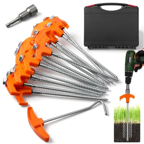 16 Pcs 8" Heavy Duty Screw in Tent Stakes with Hex Heads and Storage Box, Metal Threaded Tent Stakes Ground Anchors for Camping Swing Canopies (Orange)