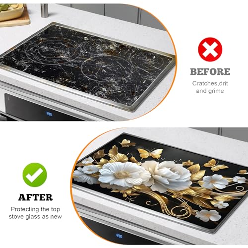 Image of Multi-Design Stove Top Cover for Glass /Electric Stoves - 3-in-1 Heat-Resistant Protector Mat, Non-Slip Drying Rack 28 inchx20 inch (Butterfly-Flower)