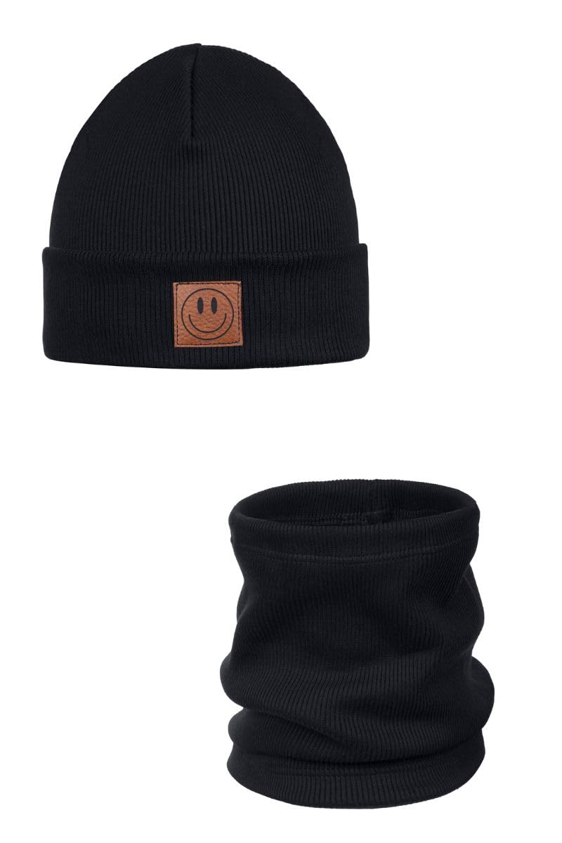 Ander Smile Mütze und Schal Set Kinder 97% Baumwolle, angenehm weich - Beanie Mütze Kinder, Schlauchschal, Loop Schal, Baumwollmütze für Jungen & Mädchen - Übergangsmütze Herbst Frühling