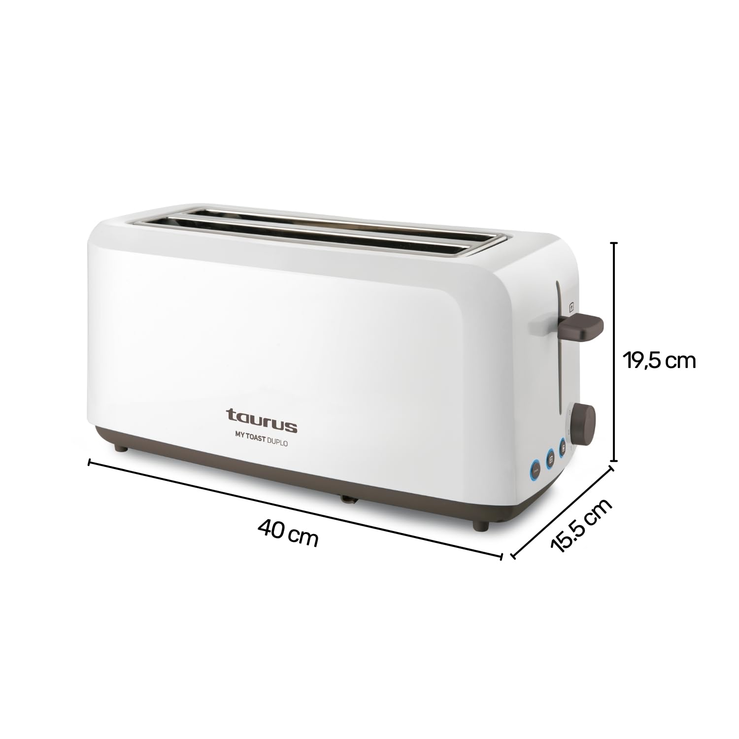 Taurus - Tostadora My Toast Duplo 1450W, Doble Ranura Larga y Ancha, 6 Niveles, LED, Descongelar/Recalentar/Cancelar, Temporizador Programable, Tostador Silencioso, Bandeja Recogemigas Extraíble
