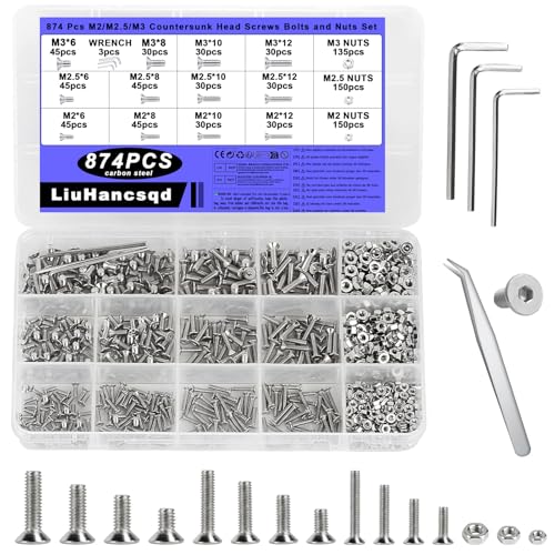 M2 M2.5 M3 Screws Set, 874 Pcs Flat Hex Socket Head Cap Bolts and Nuts Set, Flat Machine Screws, Countersunk Bolts Set, Allen Head Nuts and Bolts Assortment Kit