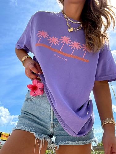 Image of Vintage Oversized Flower Graphic Tees Cute Surfboard Palm Baggy T-Shirts Summer Preppy Beach Tops Teen Girls Clothes