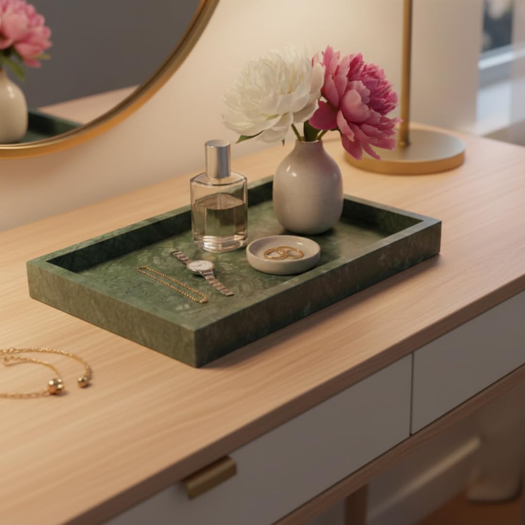 Decorative Green Marble Vanity Tray, 10 x 7 inch, Rectangle Tray for Bathroom, Living Room, Dining Table, Jewellery, Candle, Perfume, Cosmetic & Organizer | Vanity Platter