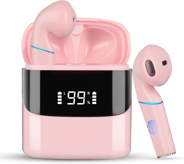 Sendowtek Wireless Earbuds Pink Bluetooth in Ear Headphone Touch Control with Mic RGB Sweatproof Noise Canceling Wireless Earphone Compatible with iPhone Mobile Android PC for Work Gym(Pink)