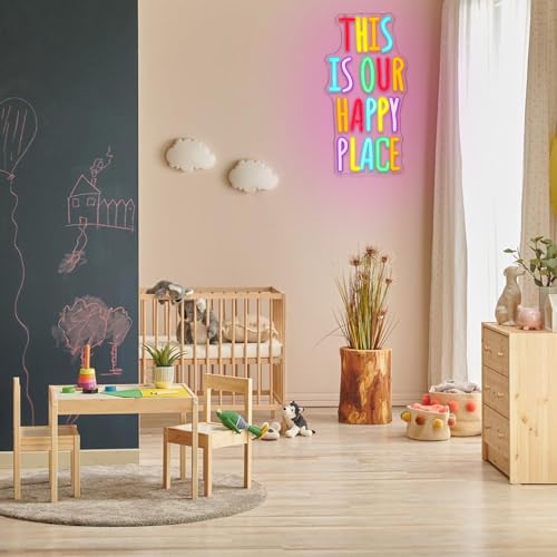 Image of This is Our Happy Place Neon Sign for Wall Decor Colorful Letter Neon Light Art LED Neon Signs with USB for Classroom,Gym,Bedroom,Children's Playground,Bar