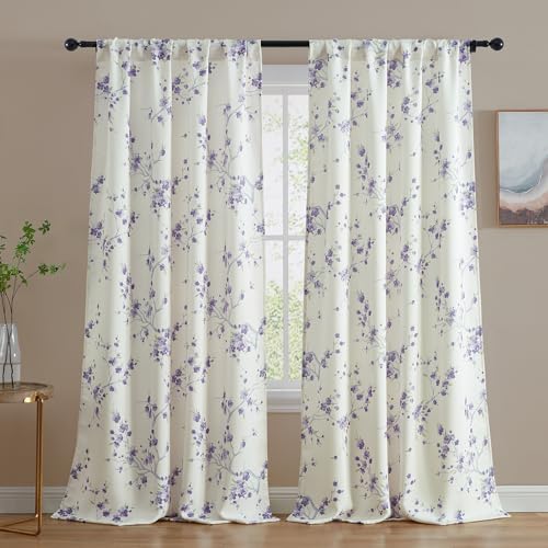 HLC.ME Jasmine Floral Patterned Window Rod Pocket Curtains for Bedroom - Light Blocking Darkening Window Panels, Set of 2 (Purple, 52 W x 84 L)