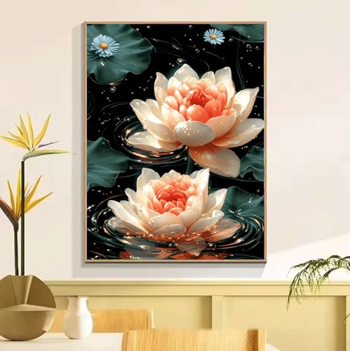 ペイントバイナンバー キット 大人用 池 蓮、DIY 番号絵画 しわ防止キャンバス、初心者ペイントキット 成人儿童数字?画、アクリルペイント ペイントブラシ、 数字油絵 手工 クラフトアート フレームなし ?意?? ホームデコレーションギフ 45x60cm