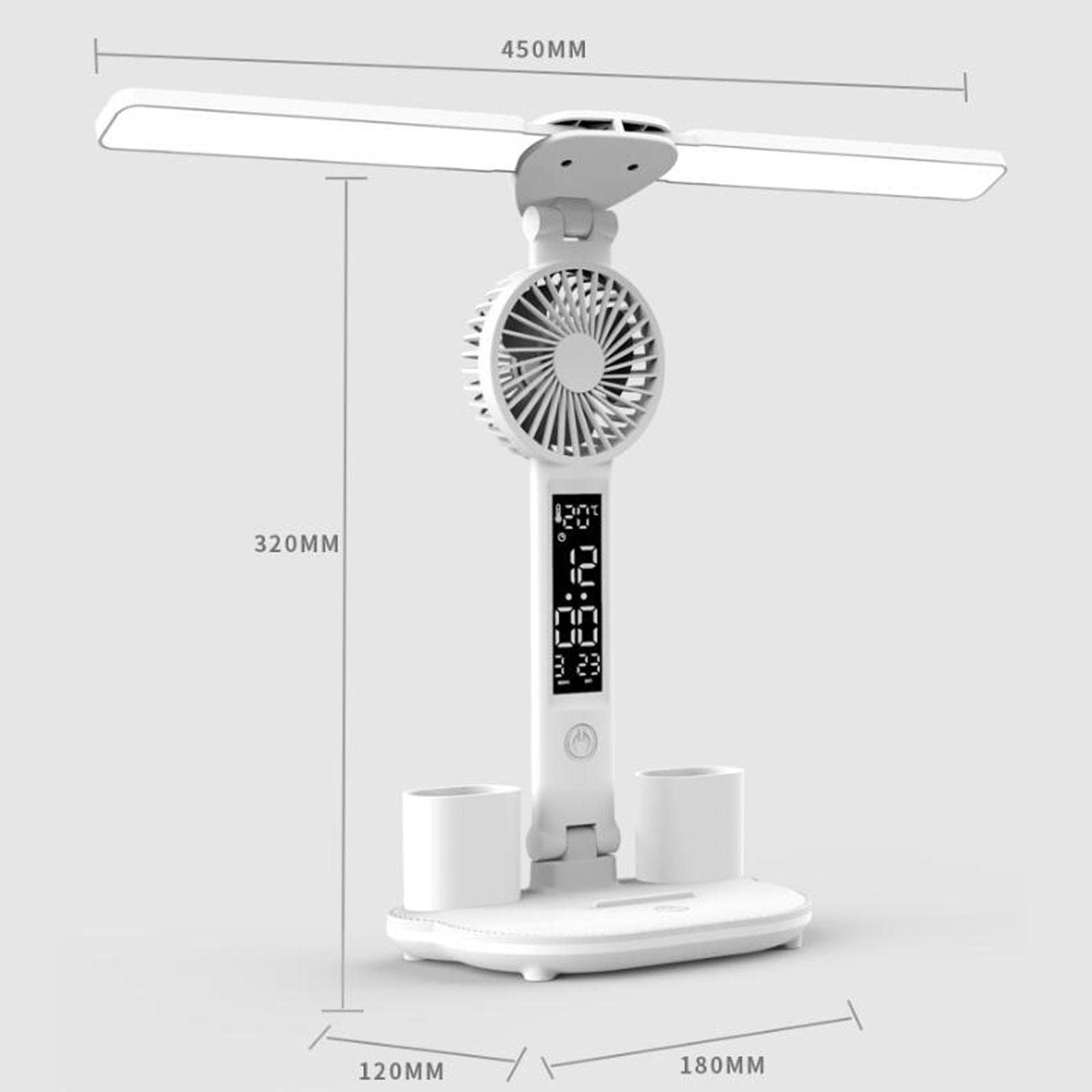 Sharplace Tischlampe LED-Schreibtischlampe mit Lüfter, Uhr-/Datums-/Temperaturanzeige, Stifthalter 3 Beleuchtungsmodi Augenschutz-Leselampe für, Einstecken