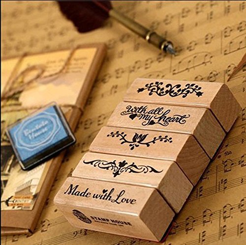 Youkwer 5Pcs Cute DIY Wooden Rubber Stamps Diary Scrapbooking Stamps Set （Flowersides and Letters,Set of 5）