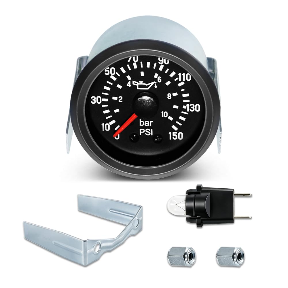 2" 52mm Mechanical Oil Pressure Gauge Kit 12V - 0-10 Bar / 0-150 PSI Dual Scale, Amber Yellow Light Car Meter NPT1/8 for Car