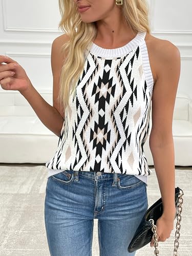 Image of MARZXIN Women Sleeveless Sweater Tank Round Neck Casual Aztec Geometric Knit Sweater Top