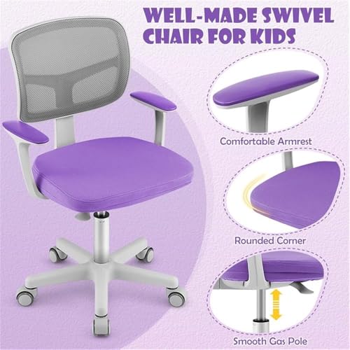 Image of Pemberly Row Kids Study Chair, Adjustable Height 31.5-36 in, Mesh Back, Cushioned Seat, Lumbar Support, Swivel Seat, Auto Brake Casters, Purple Finish, Ergonomic Chair for Study or Homework Use