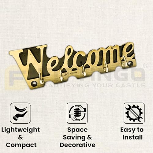 Image of Welcome Key Holder for Wall /Zinc Metal Key Stand with 5 Hooks /Decorative Wall Key Hanger for Home, Entryway & Office /Vintage Style Key Organizer - Brass Antique Finish-| 3 Years Warranty |