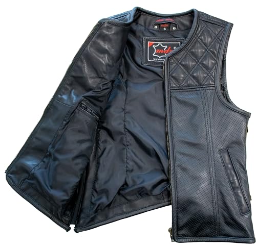 Gilet Femme Noir en Cuir Véritable Perforé avec Matelassage Carreaux, Fermeture Zippée, et 4 Poches - Veste Moto Femme sans Manches Slim Fit (FR/ES, Alpha/Lettres, S, Taille Normale, Taille Normale) – vue 5