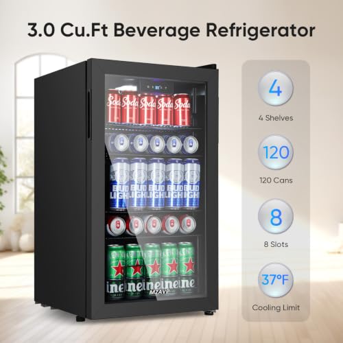 Image of 120 Cans Beverage Refrigerator Freestanding, Small Beverage Cooler with Glass Door, Mini Drink Fridge for Beer Soda, 3.0 Cu.Ft for Office, Home, Bar, White LED Light & Reversible Door - Black