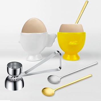 BENEKIY Easter Egg Cups for Soft Boiled Eggs Ceramic Egg Holder 2 Pack Hard Boiled Raw Egg Cup 1 pack Egg Topper Cutter with 2 Pack Stainless Steel Egg Spoons for Decor Breakfast Brunch