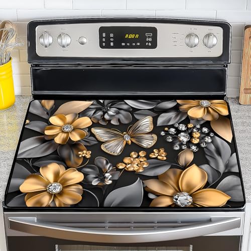 Image of NYZE Stove Cover for Electric and Glass Stove Tops 3-in-1 Stove Mat, Heat Resistant Counter Protector Mat, Non-Slip Surface & Drying Rack (Flowers Butterfly, 28.5 inchLx20.5 inchW)