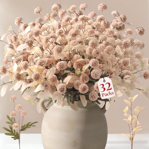 Alupssuc 32 Pcs Beige Faux Silk Mums, Fake Chrysanthemum for