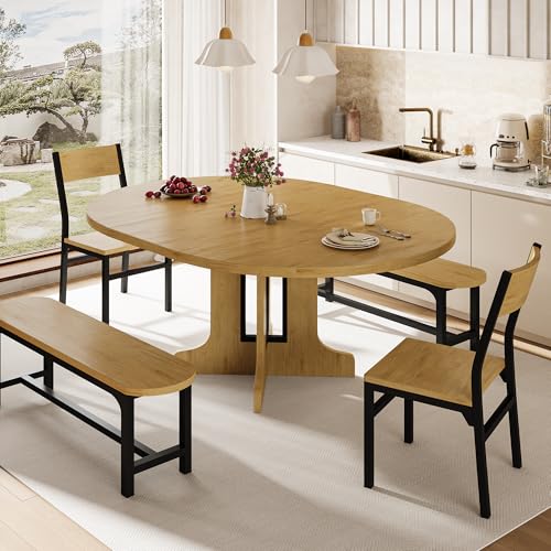 iPormis 5-Piece Round Dining Table Set for 4-6, 59" Extendable Dining Room Table Set with 2 Ergonomic Chairs & 2 Benches, Oval Modern Dinette Table with MDF Board and Metal Frame, Space-Saving, Oak