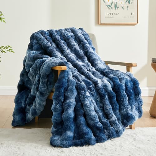 BEDELITE Faux Fur Throw Bubble Blanket for Couch, 60" x 80", Tie-Dye Blue