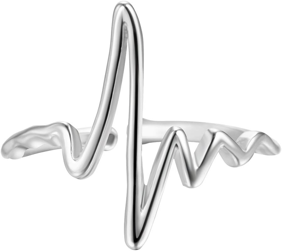 QIAMNI 925 Sterling Silver Heart Beat Electrocardiogram Wave Ring Christmas Women Girls Birthday Gift