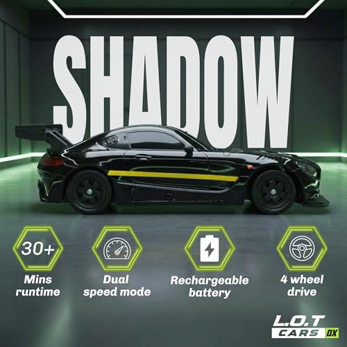 Image of L.O.T Toys Shadow RC Drift Car | 4WD 20Kmph, 2.4Ghz 100m Long Range Remote, Race-Ready ABS Body, Proportional Steering, Multi-Mode LED Lights (Asphalt Black)