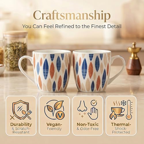 Image of UPC Coffee Mug Set of 6 | White Scandinavian Leaf Print | Blue & Orange Retro Oval Pattern | Bone China Tea & Coffee Cups | Microwave Safe | Home & Kitchen