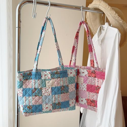 Image of Floral Quilted Cotton Shoulder Bag for Women Medium Size Handbag Large Capacity Thickened Design Tote