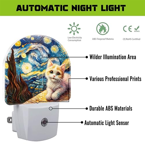 Image of Starry Night and Cute Cat Night Light for Kids, Abstract Oil Painting Plug in Night Light with Dusk to Dawn Sensor, 0.5w Energy Saving Nightlight for Hallway Stairway Kitchen Bedroom