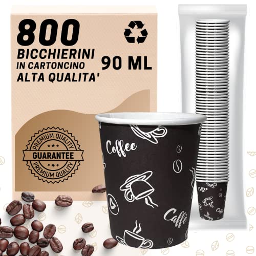 Belux 800 Bicchieri Caffè Carta 90 ml - Riciclabili 100% Alta Qualità - Monouso per Bevande Calde e Fredde