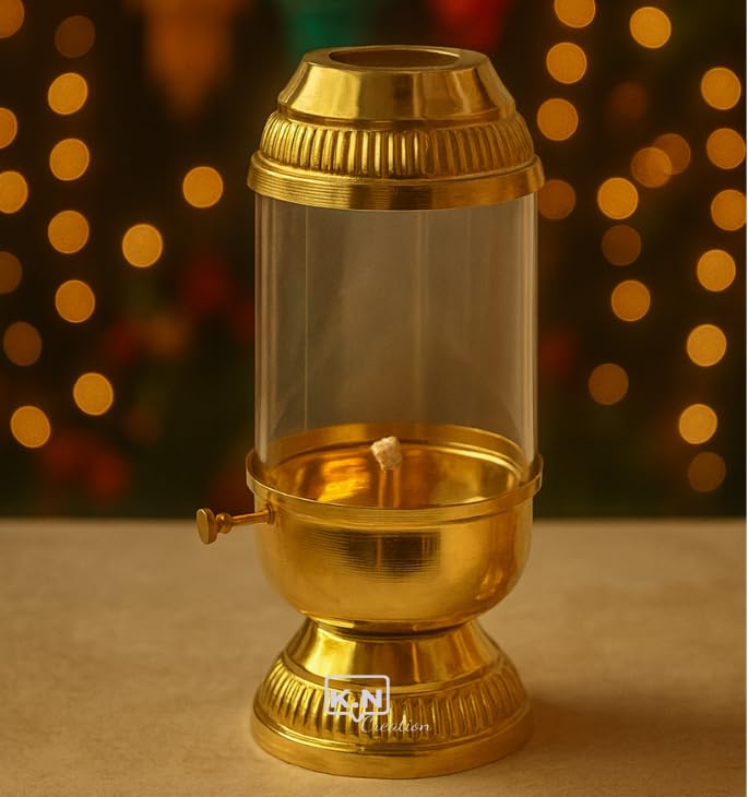 Image of K.N Creation Brass Akhand Diya with Adjustable Bati, Jyoti Wick Lifting Screw Lever, Akhanda Jyothi Deepam, Borosilicate Glass Cover for Pooja (Large, 250 ml: Oil Capacity, Long Lasting 48 Hours)