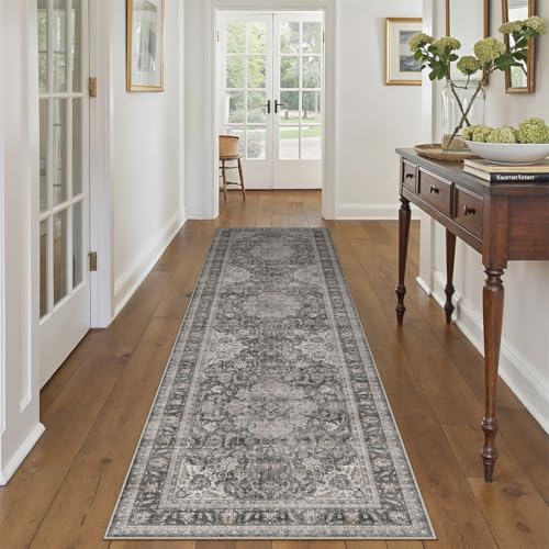 2x8 Washable Black Grey Vintage Runner Rug for Kitchen Hallway Non-Slip Low Pile Carpet Traditional Retro Distressed Accent Vacuumable Throw Rug for Entryway Bedroom Indoor