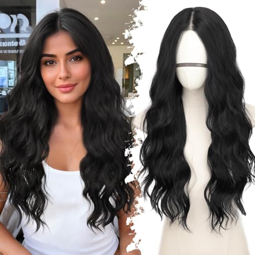 Eawwii Black Long Wavy Wig for Women, Pre-Cut HD Lace