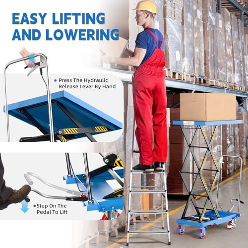 Hydraulic Lift Table Cart, Double Scissor Lift, 330 Lbs Capacity, 50" Height with Non-Slip Pad, 4 Safety Bumper PU Wheels, Ideal for Home, Garage, Supermarket, Factory, Warehouse, Construction