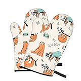 Sloth Listening to Music Oven Mitts, Heat Resistant Non-Slip Waterproof with Soft Cotton Lining Glov