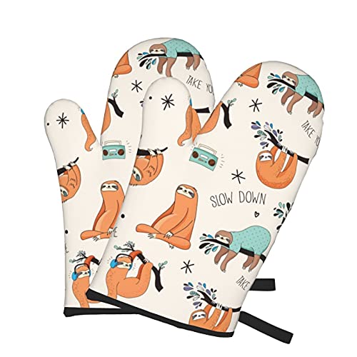 Sloth Listening To Music Oven Mitts, Heat Resistant Non-Slip Waterproof With Soft Cotton Lining Gloves For Kitchen Cooking Baking Bbq(2Pcs) #TOP22
