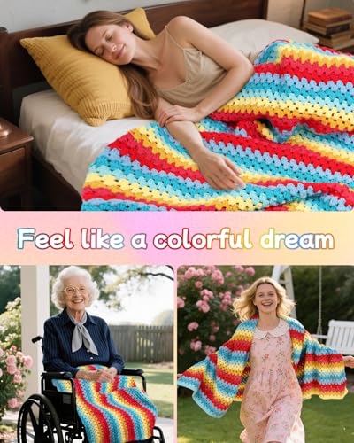 Image of Aeelike Crochet Blanket Kit for Beginners, Rainbow Gradient Granny Squares Blanket, 44PCS Complete Starter Crochet Kit w Beginner Friendly Instructions Easy Learn Videos Tutorials Enough Yarn