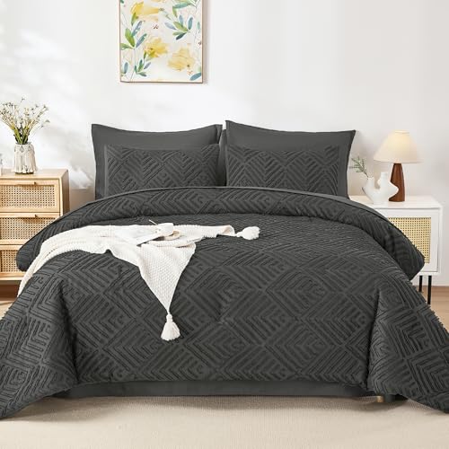 Image of Andency Oversized King Size Comforter Set 7 Pieces Dark Grey - Bed in a Bag Oversized King Boho Lightweight Fluffy Tufted Bedding Sets with Comforter, Sheets, Pillowcases & Shams