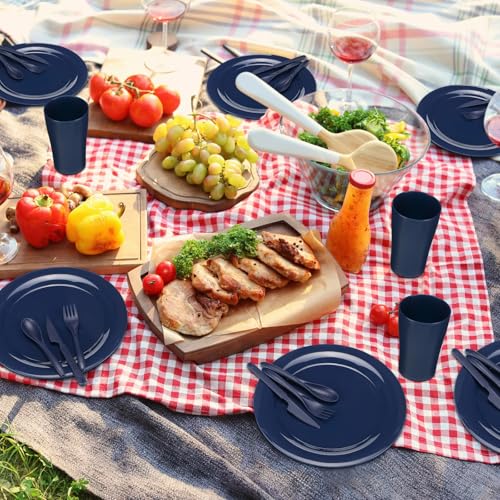 Set de vajilla Tioncy 29 piezas para camping, 4 personas, incluye platos, tazones, vasos y cubiertos reutilizables de plástico irrompible con bolsa de cordón para viaje, picnic y exteriores, apto para lavavajillas miniatura 6
